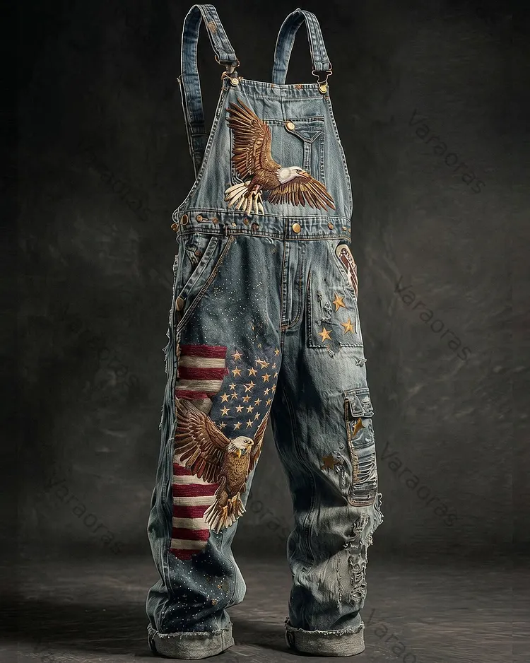 Men's Summer Outdoor Casual Independence Day 3D Embroidered Denim Jumpsuit Overalls 5532
