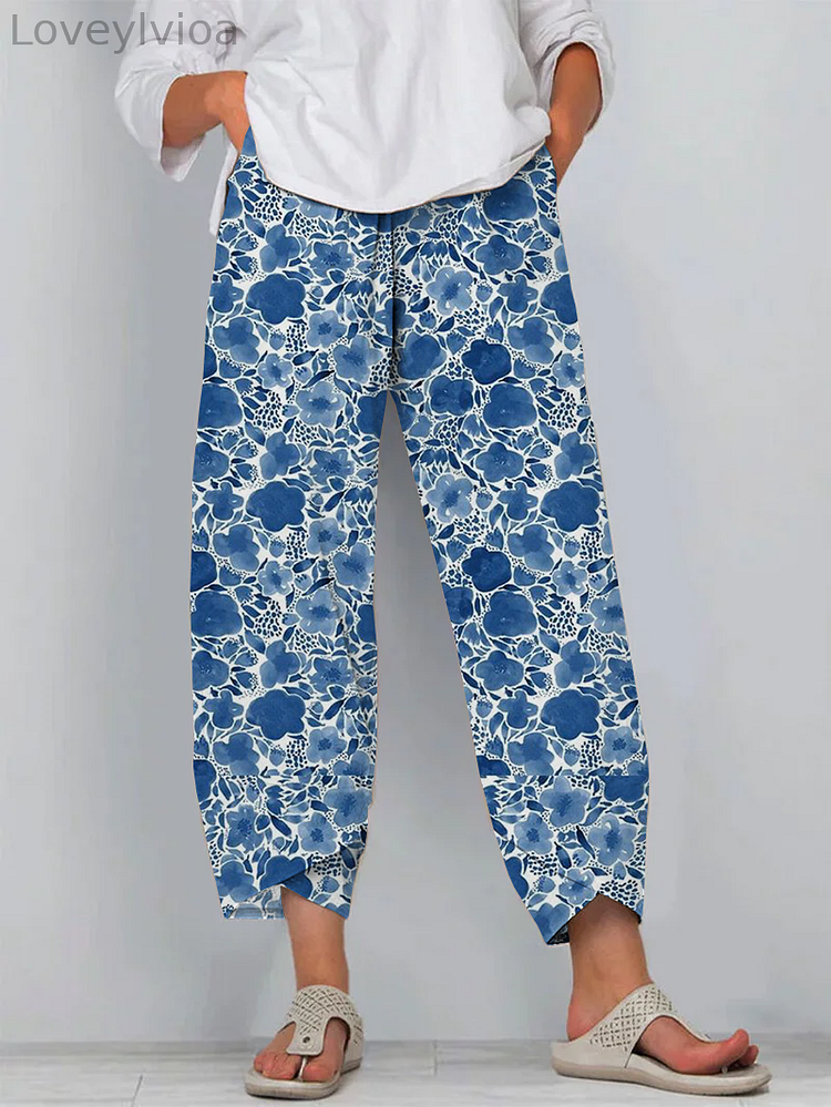 Vintage Floral Print Cotton and Linen Cropped Casual Pants
