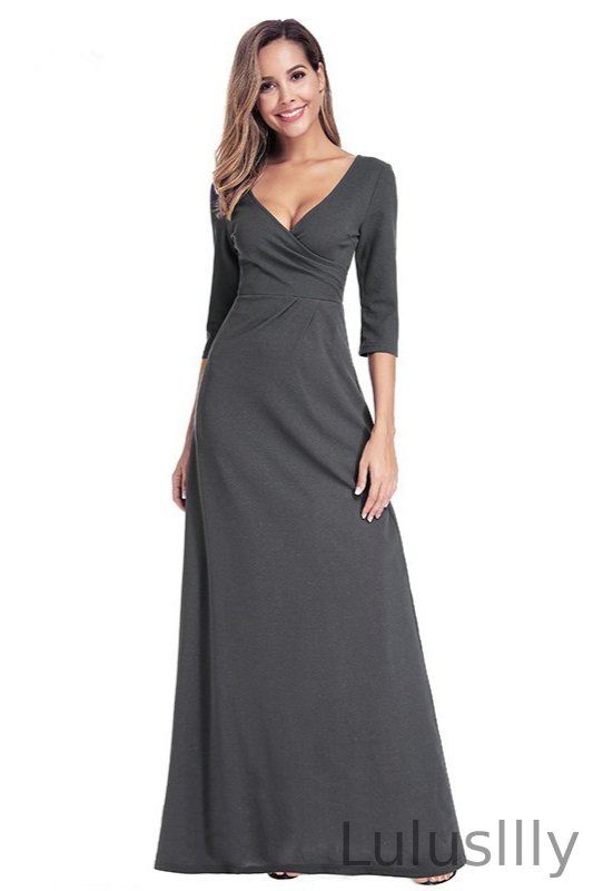 Dark Grey Half Sleeve V-Neck Long Evening Prom Dress Online - lulusllly