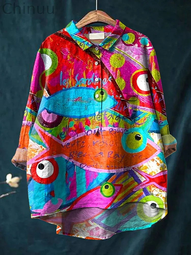 Abstract Sardine Fish Oil Painting Printed Women's Casual Cotton And Linen Shirt