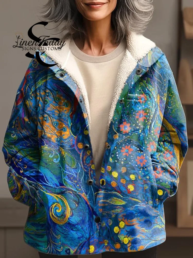 Women's Vintage Boho Folk Floral Art Waffle Plush Thick Long-Sleeved Hooded Coat