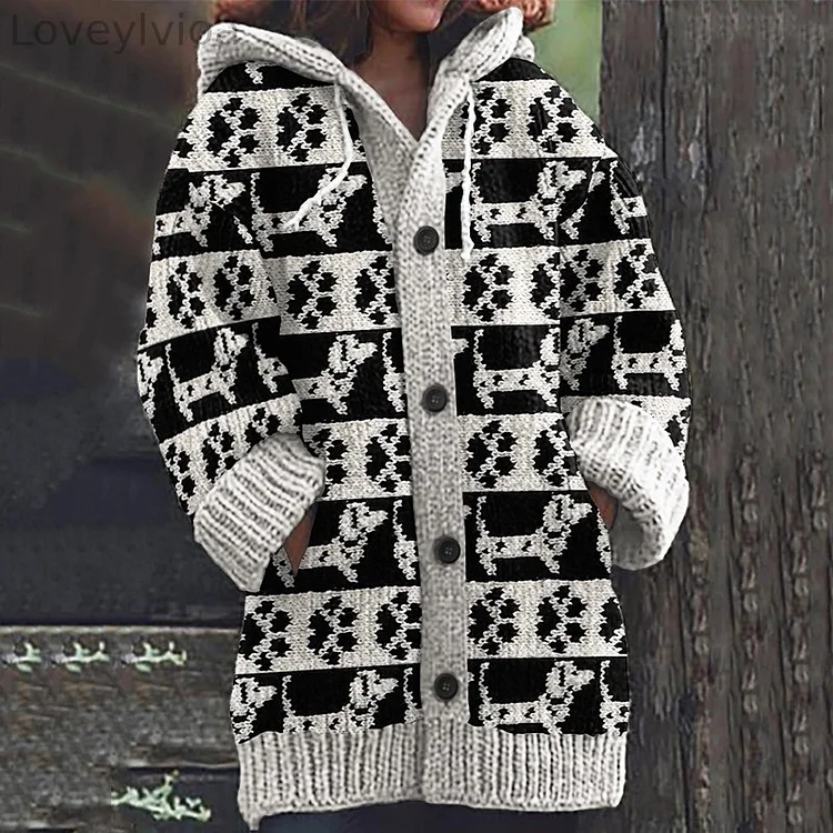 Dog Paw Print Knitted Hooded Cardigan