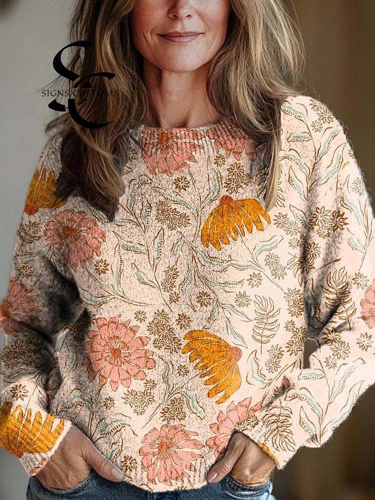 Women's Vintage Floral Art Print Knit Pullover Sweater