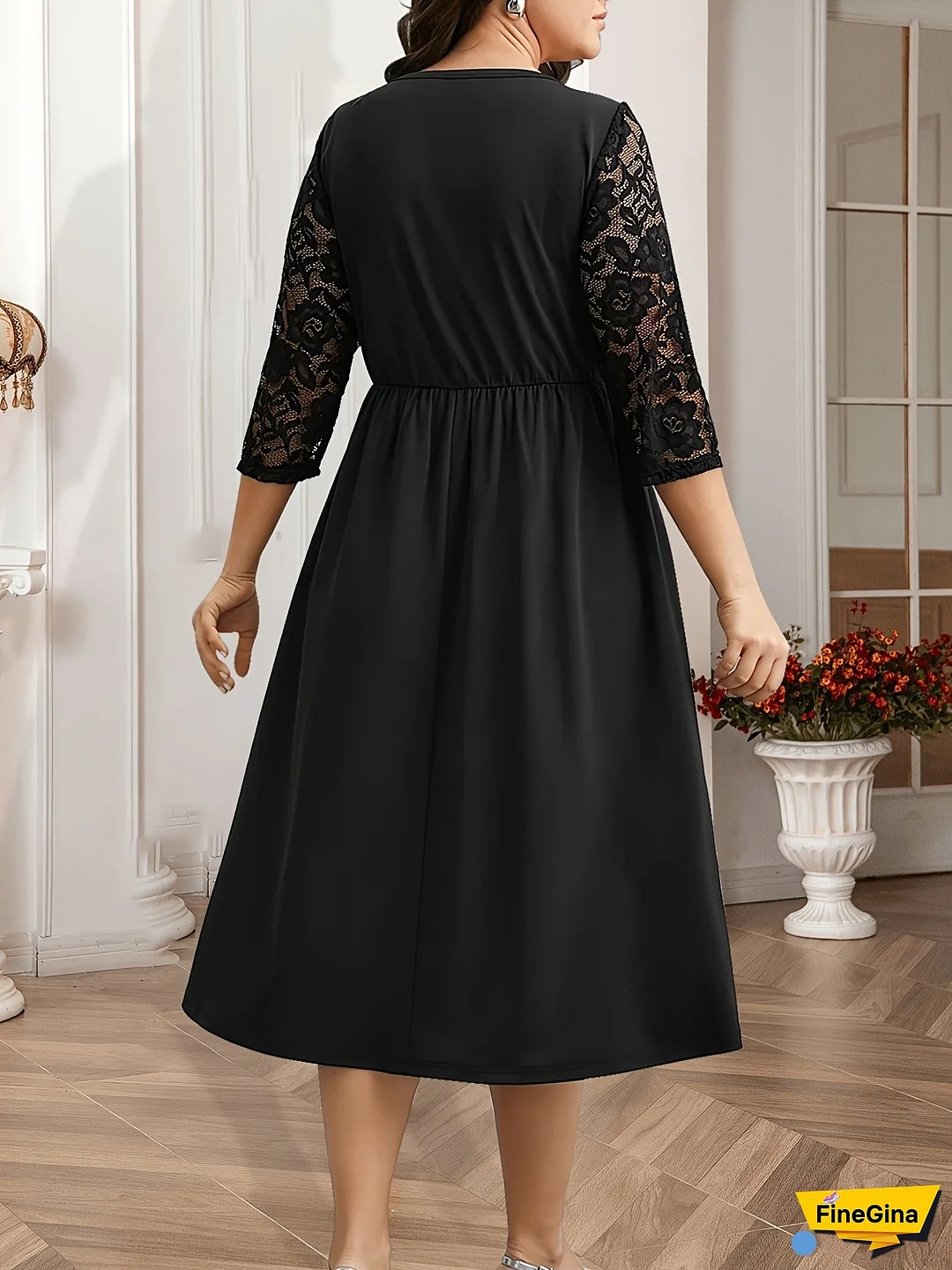 Elegant Plus Size Black Lace Sleeve Dress - V-Neck, Three Quarter Sleeve, Midi Fit & Flare With Pullover Placket, Ideal For Parties And Casual Occasions, Casual Occasion Dress|Elegant Sleeve Design|Stretchy Fabric