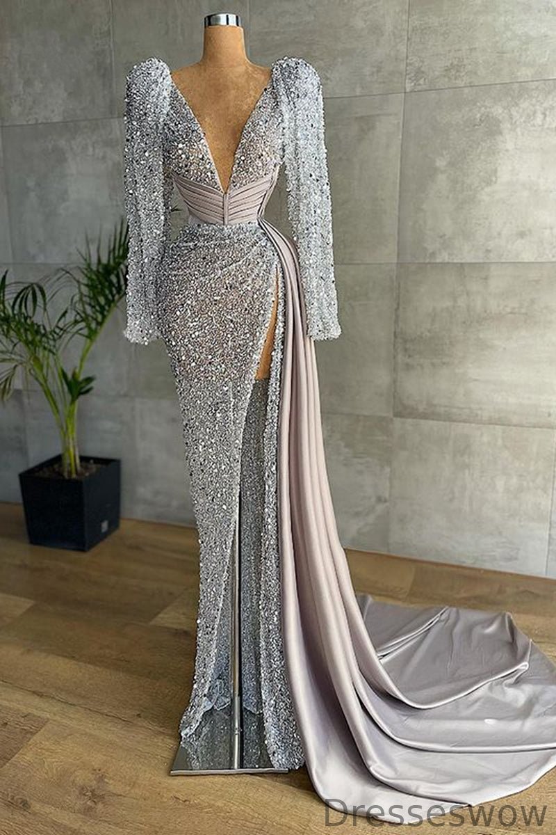 Dresseswow V-Neck Long Sleeves Prom Dress Sequins With Slit