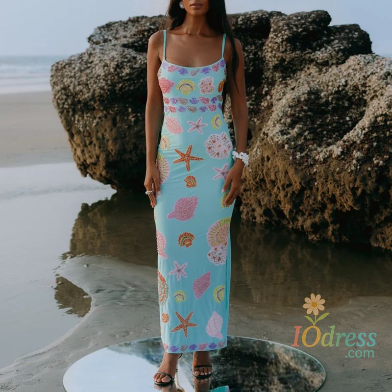 IO Dress Combhasaki Women Summer Y2K Aesthetic Colorful Sequin Shell Print Sleeveless Adjustable Straps Square Neck Straight Long Dress IO Dress