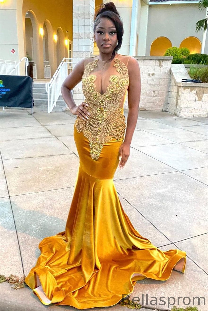 Bellasprom Gold Scoop Sleeveless Mermaid Prom Dress With Beadings Velvet Bellasprom