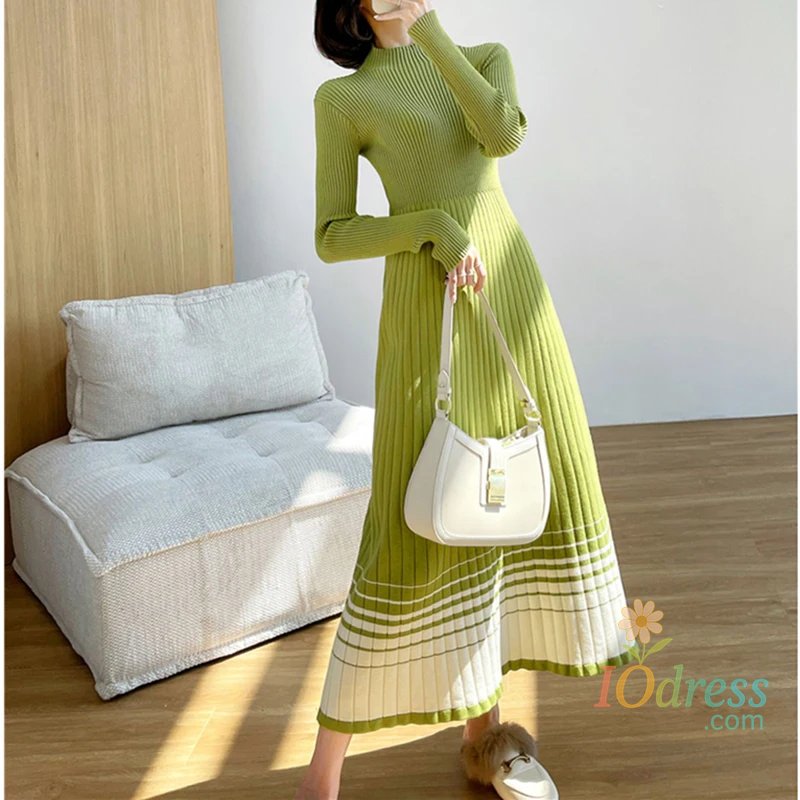 IO Dress ITOOLIN Women Mock Neck Loose Knitted Dress Long Sleeve Dress Office Elegant Dress Stripe Patchwork Sweet Vestidos Autumn 2025