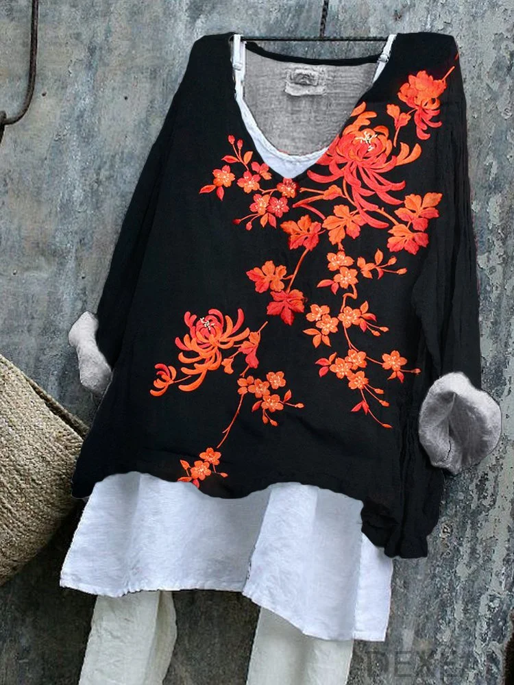 Red Chrysanthemum Print Linen Blend Tunic