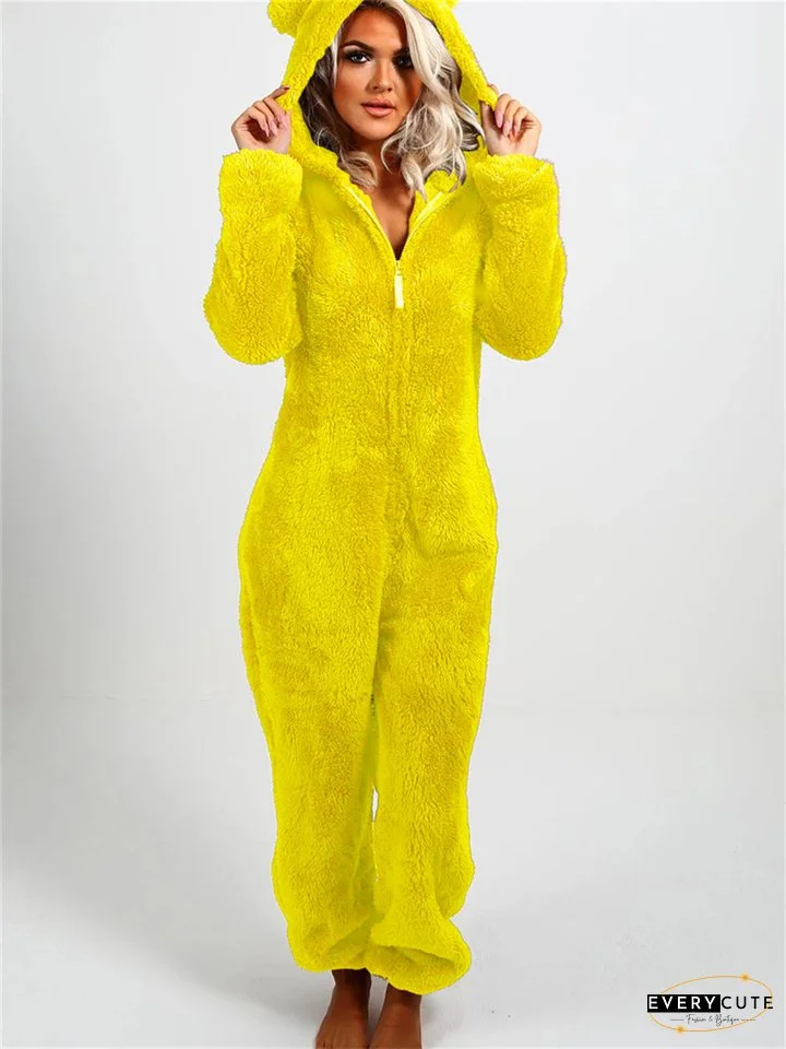 Women's Jumpsuit Solid Color Hooded Basic Home Loose Long Sleeve Rose Red 5XL Fall