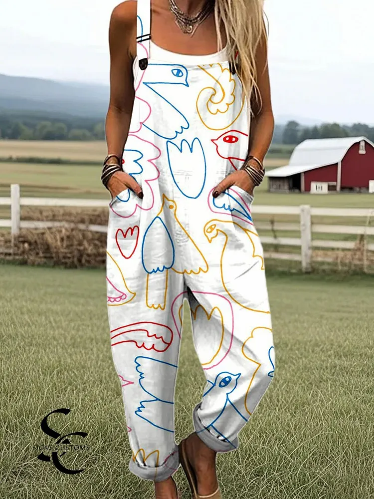 Women's Simple Abstract Bird Art Print Casual 100% Cotton Wide Leg Jumpsuit