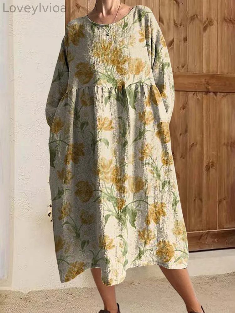 Women's Round Neck 9/3 Sleeve Pleated Tulip Print A-Line Cotton Dress