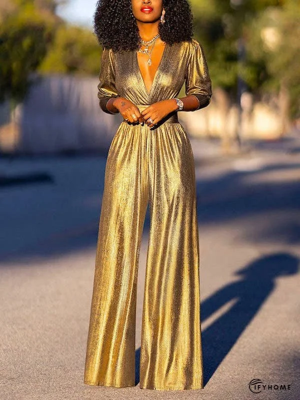 High Waisted Three-Quarter Sleeves Pleated Solid Color Deep V-Neck Jumpsuits | IFYHOME
