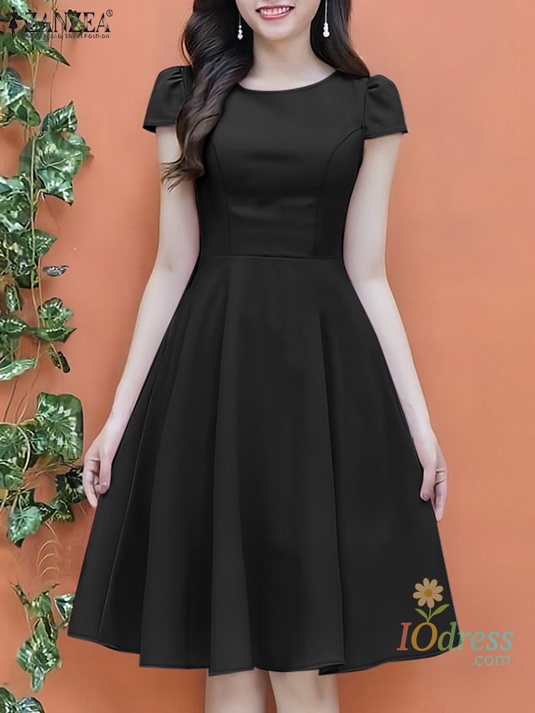 IO Dress 2025 Women Summer Dress Shop Elegant Short Sleeve Pleated Work Dresses Solid Party Knee-Length Robe O-Neck Waisted Sundress