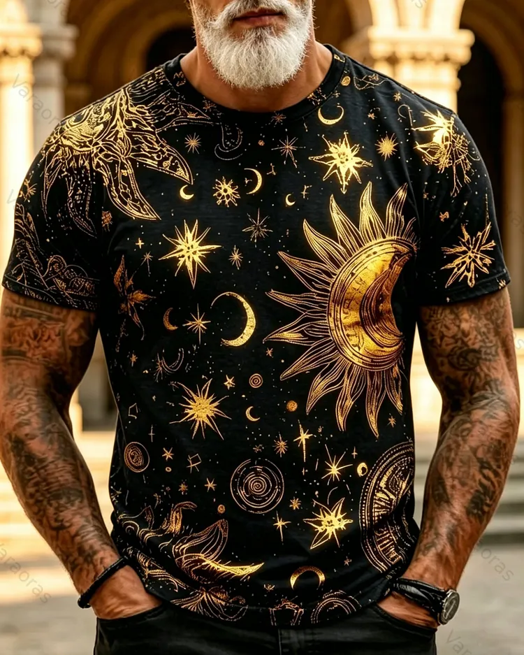 Men's Summer Style Star and Moon Print Embroidered Casual Fashion Linen Short-Sleeve Top 7774