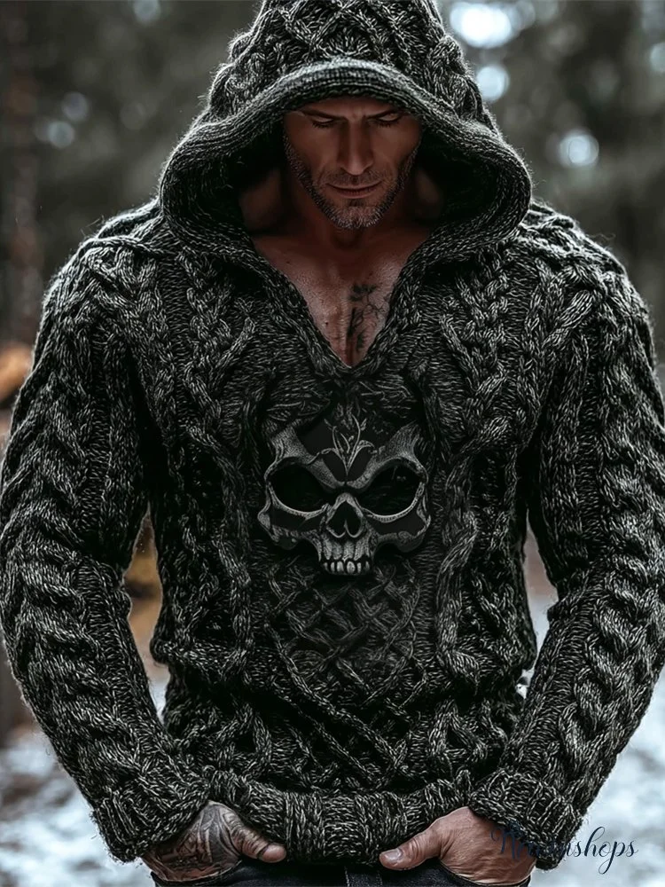 Viking Evil Skull Vintage Men's Chunky Knit Twist Hooded Sweater