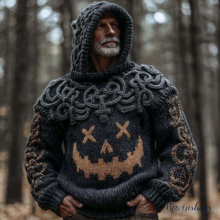 Men's Halloween Pumpkin Smiley Face Vintage Embroidery Hooded Sweater