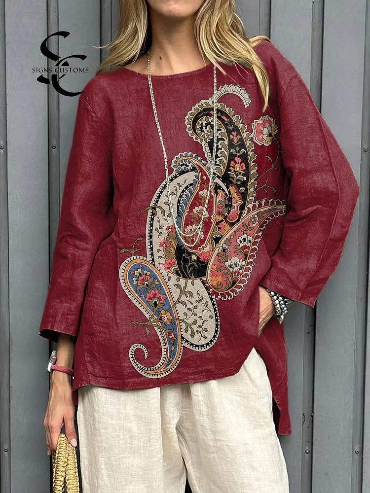 Women's Vintage Ethnic Floral Art Print Casual Linen Round-neck  Shirt