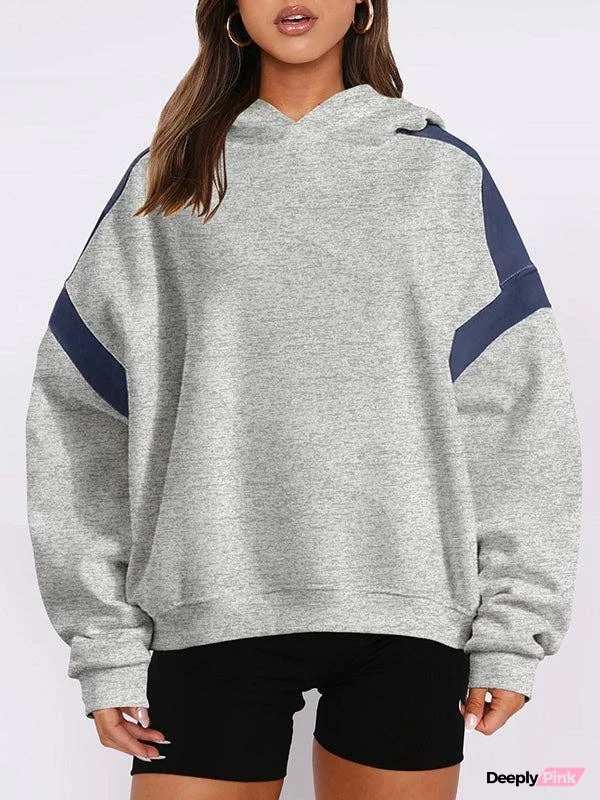 Hooded Long Sleeves Contrast Color Pockets Split-Joint Hoodies Tops