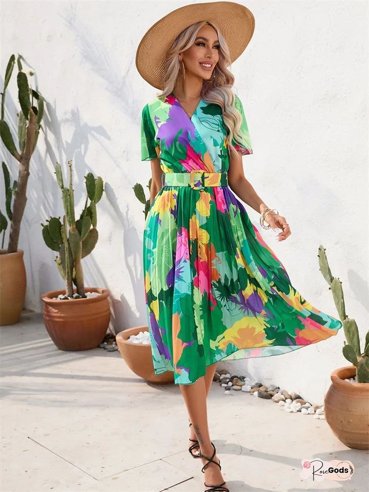 Summer Floral Print Crinkle Short Sleeve Dress V-neck Casual Dress Green Red S-2XL