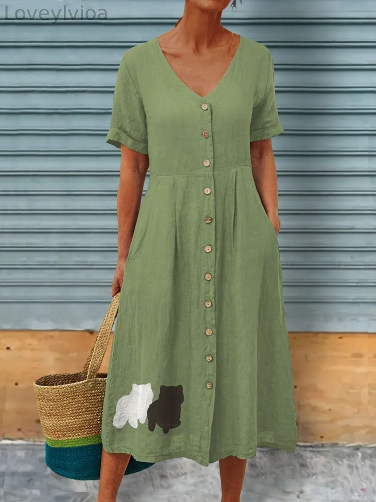 Cute Cat Art Printed Women's Linen Pocket Tunic Dress