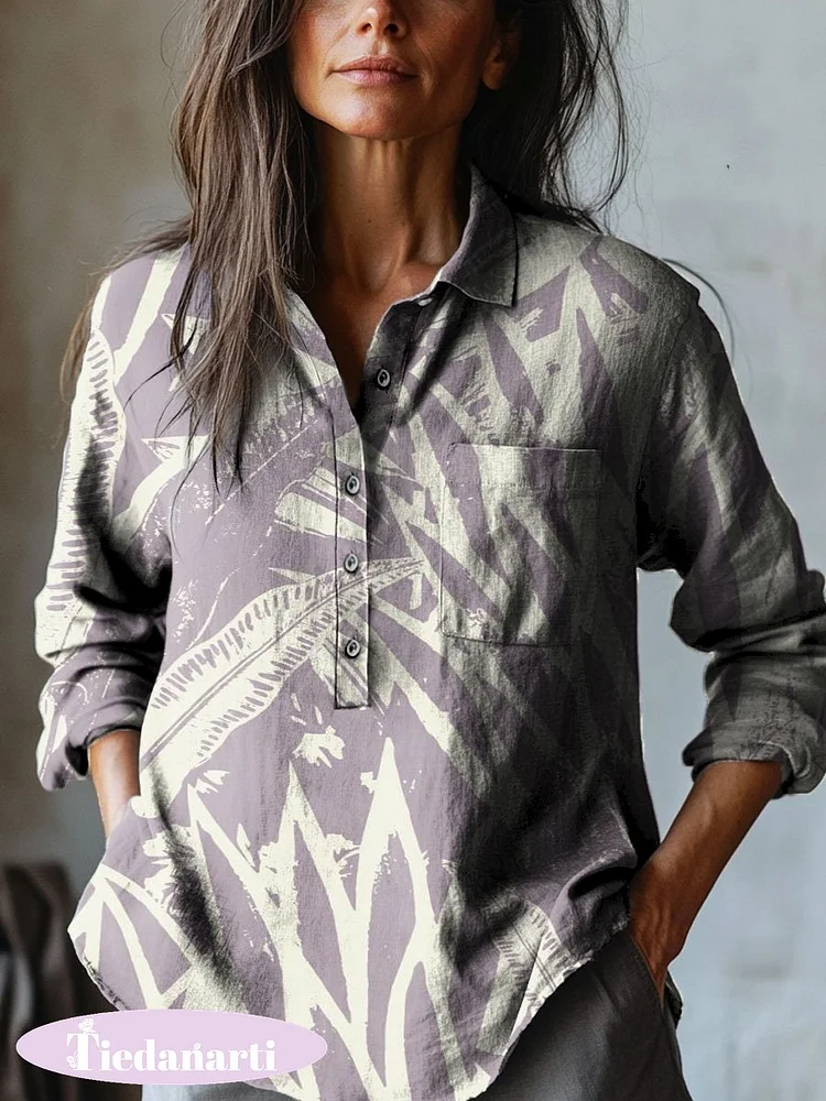 Women's Vintage Flower Art Print Casual Cotton And Linen Shirt