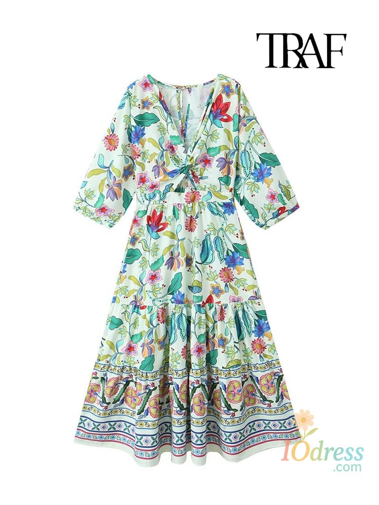 IO Dress TRAF Fashion Floral Print Dress Elegante V-neck Lantern Sleeve Beach Dress Casual Pleated Loose Half Sleeve Hollow Out Dresses