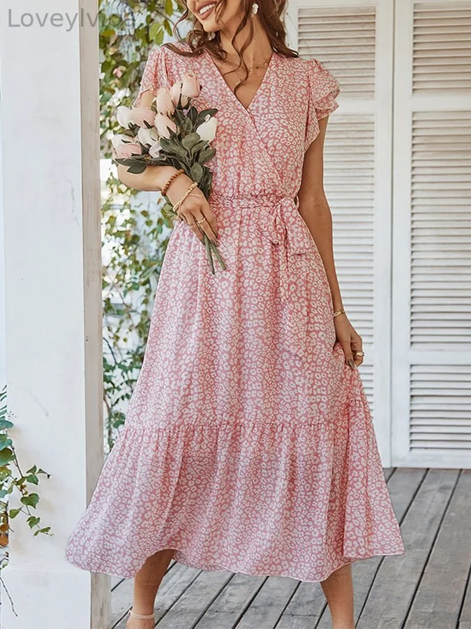 Printed Ruffle V-neck Dress