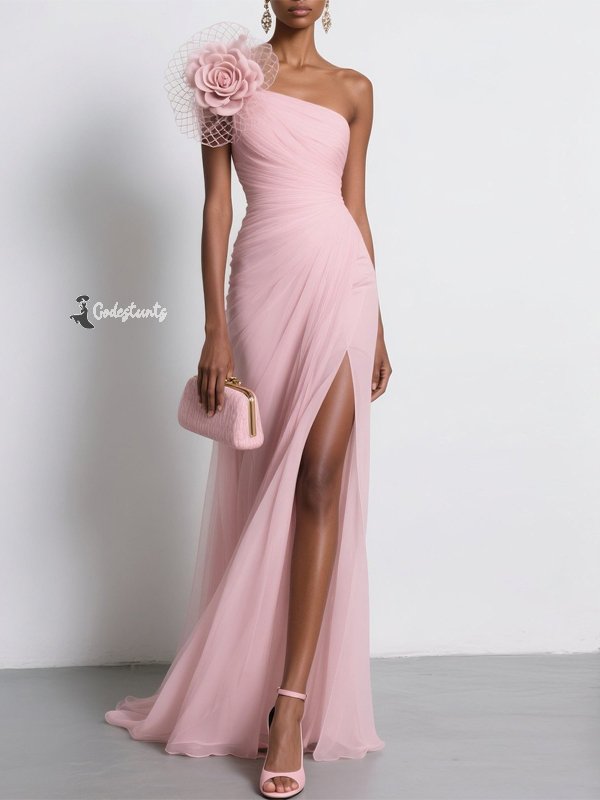 Pink 3D Floral Slit Classic One Shoulder Sleeveless Sheath Gown Dress
