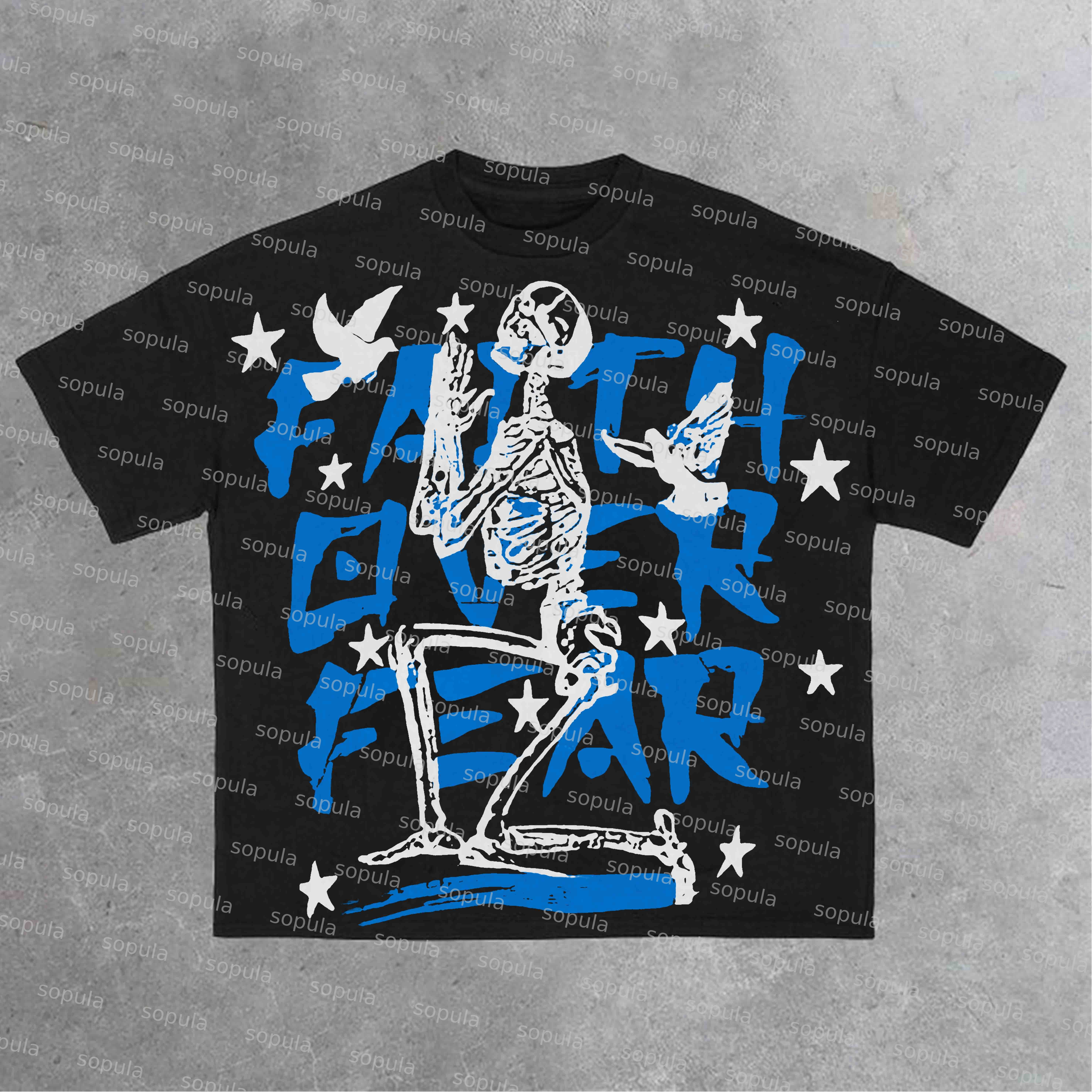 Sopula Vintage Faith Over Fear In Blue Graphic Cotton T-Shirt - Sopula｜Premium Graphic Tees & Graphic Clothing
