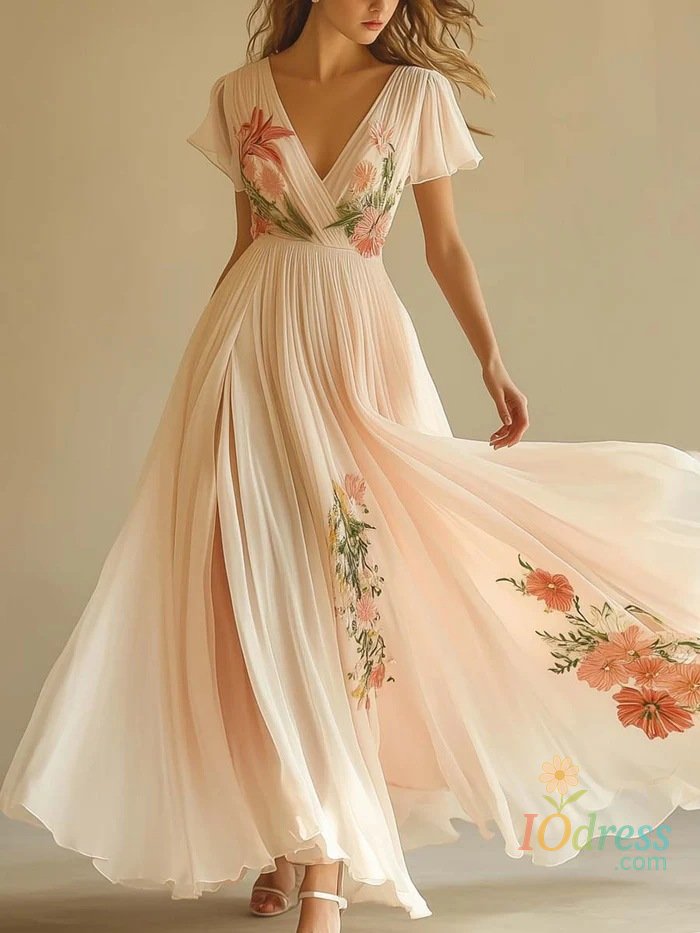 IO Dress Women's Clothing Trend 2025 Summer Short Sleeve High Waist Dresses Sexy V Neck Floral Printed Boho Holiday Dress Vestidos IO Dress