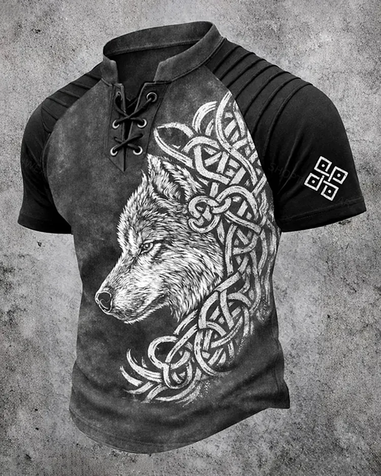 Men's Viking Wolf Symbol Print Short-Sleeve Henley T-Shirt 3246