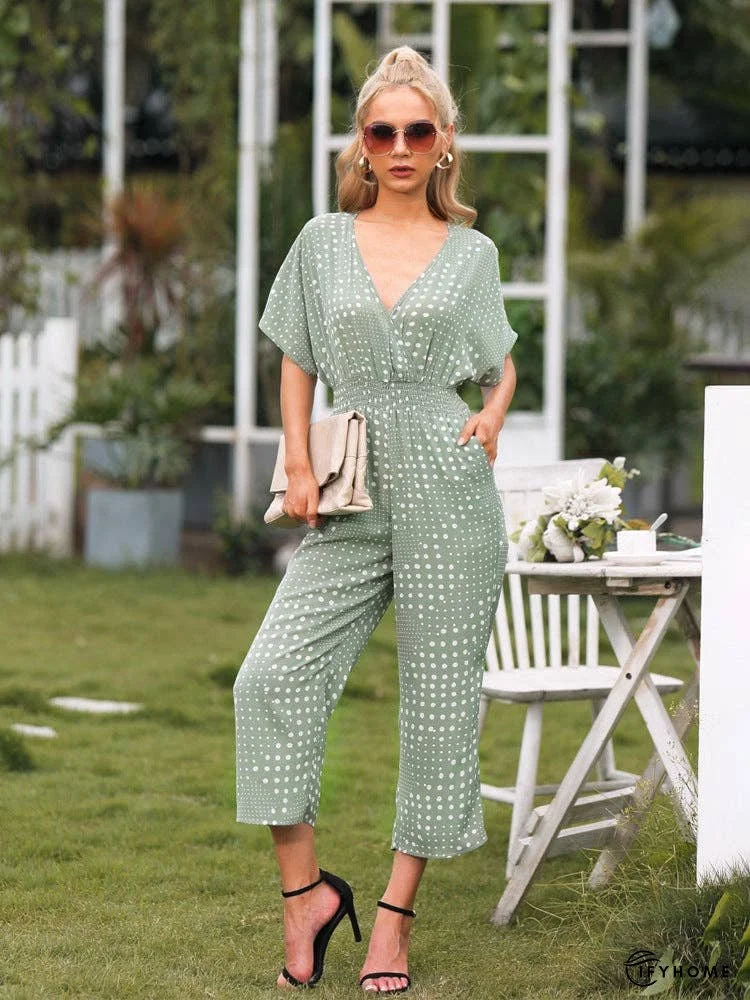 Polka Dot Surplice Neck Jumpsuit with Pockets | IFYHOME