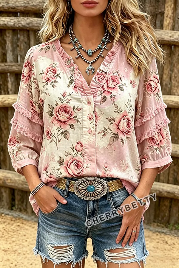 トップス rose Vintage Rose Print V-Neck Frayed Hem Top