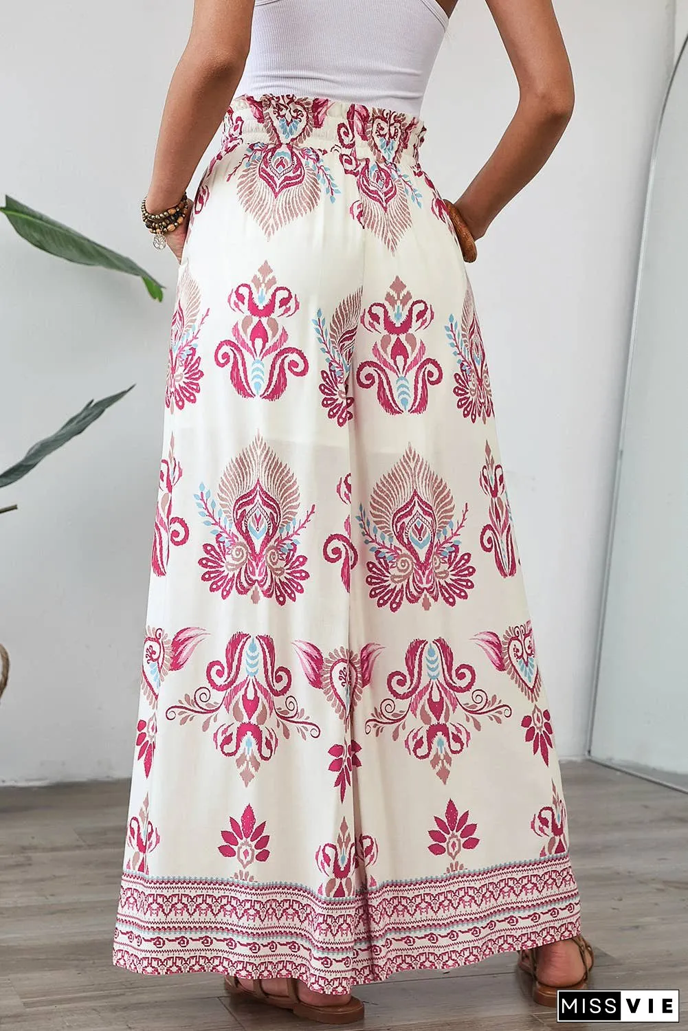 Boho Printed Shirred High Waist Flowy Wide Leg Pants