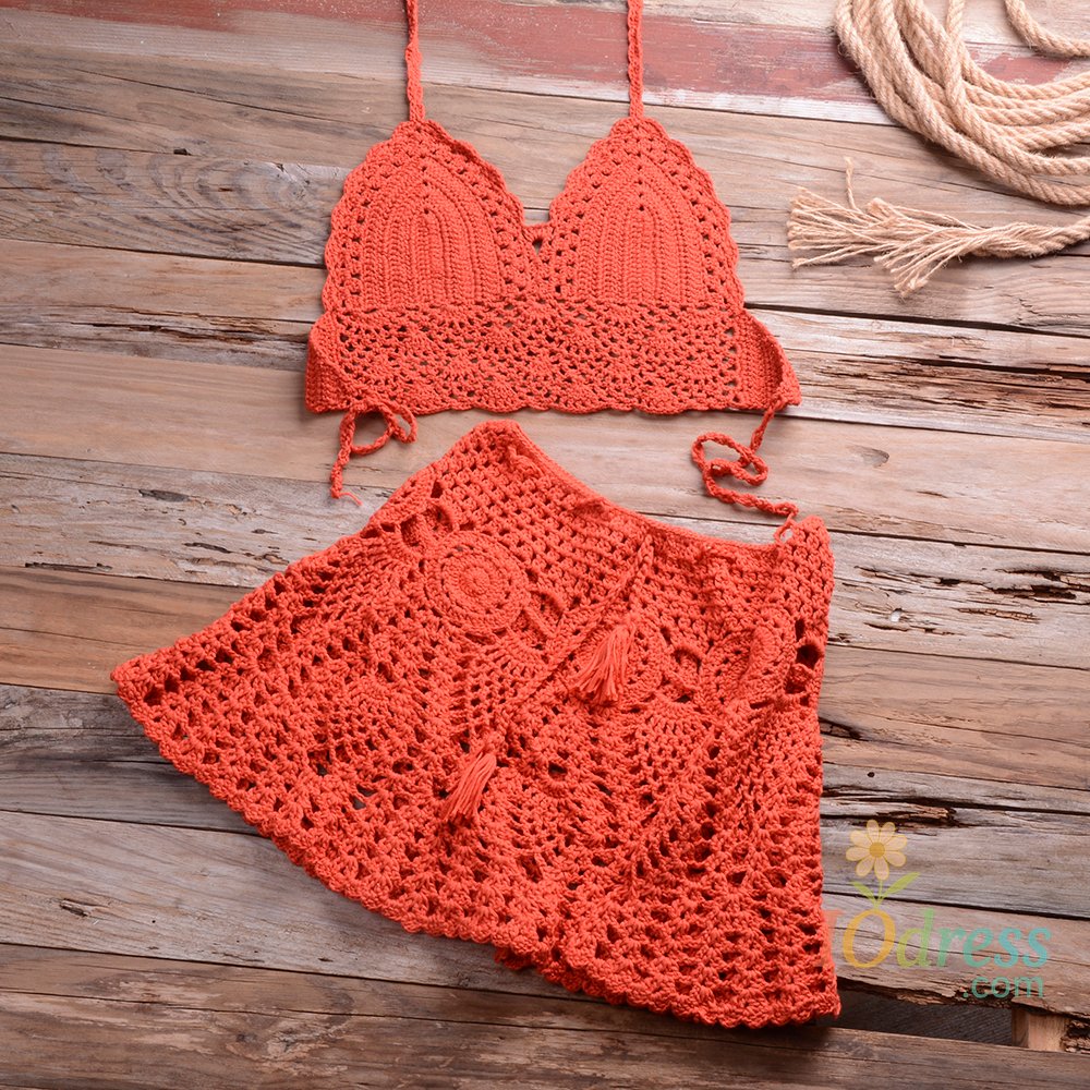 IO Dress CROCHET BIKINI Two-piece Crochet Women Bikini Set Cover Up Swimsuit Swim Skirt Swimwear Bathing Swimdress Beachwear