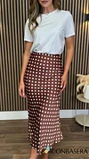 Rhea Brown Polka Dot Satin Midi Skirt