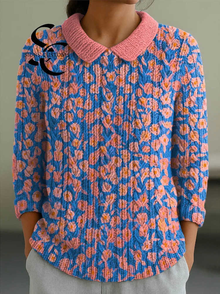 Women's Vintage Floral Art Print Casual Peter Pan Collar 3/4 Sleeve Sweater