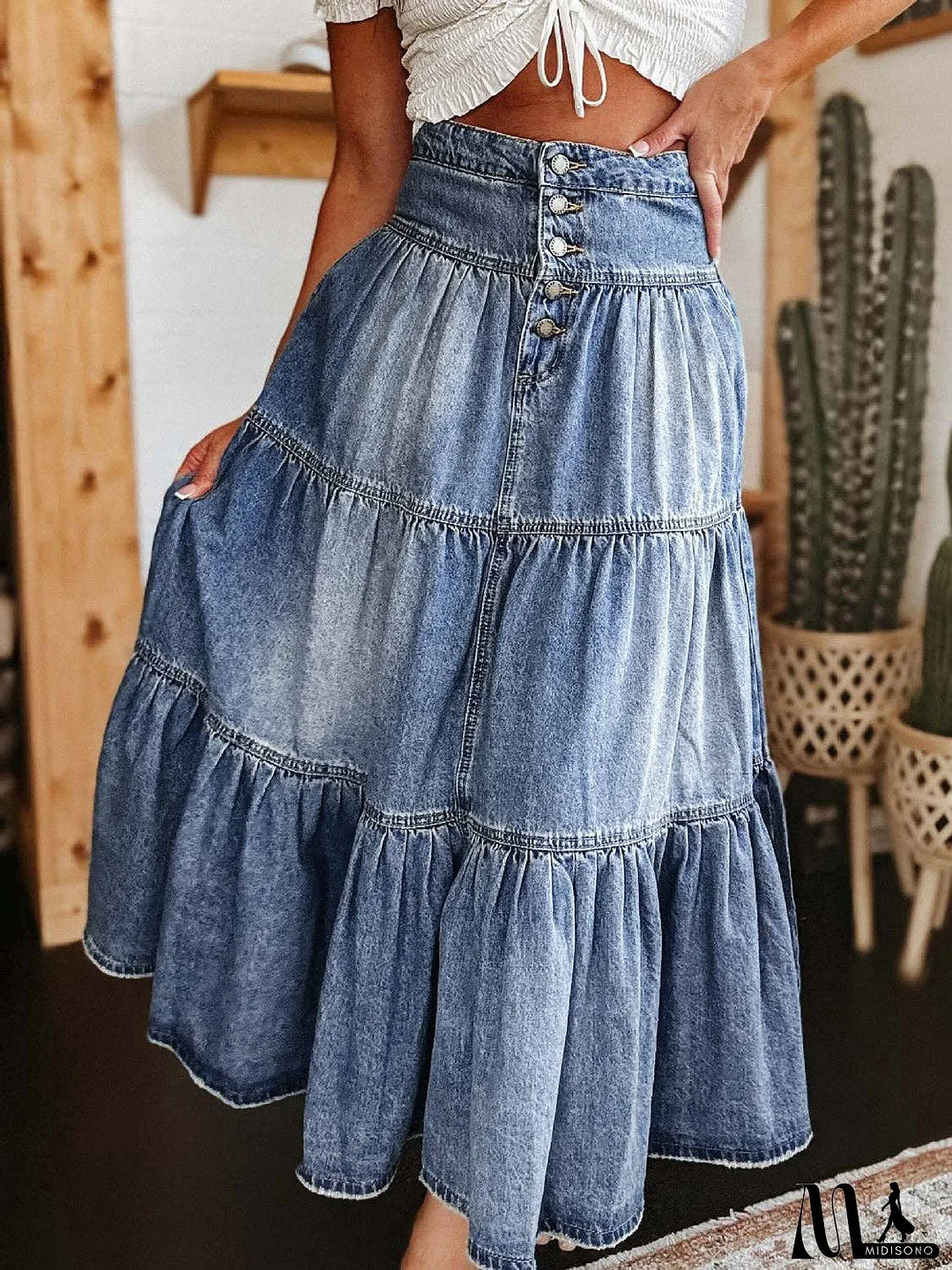 Tiered Button-Fly Denim Skirt