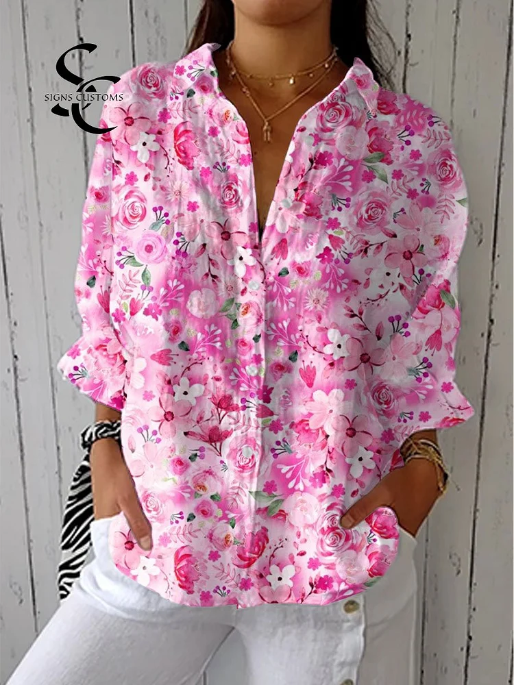 Women's Vintage Floral Art Print Casual Linen V-neck Shirt