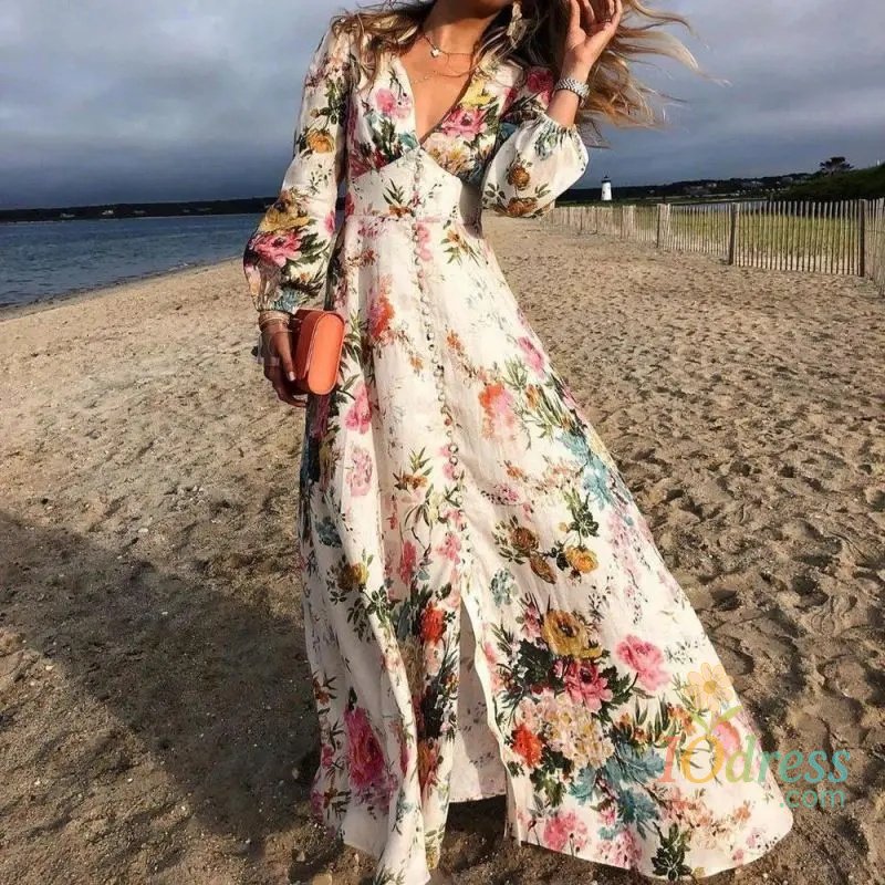 IO Dress Romantic Floral Print Maxi Dress Deep V Neck Long Sleeve Spring Summer New Style Cross Border Elegant Women's Dress