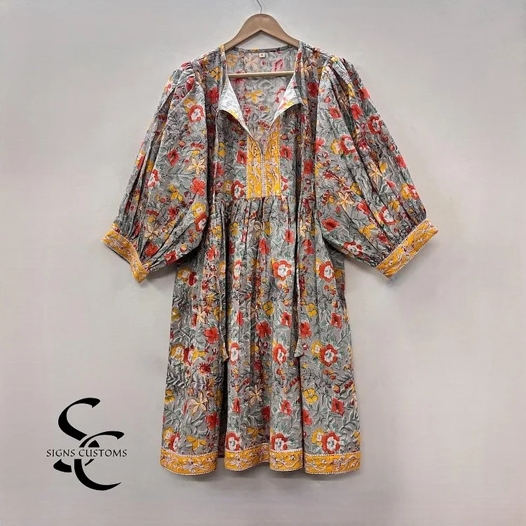Floral Block Print Soft Cotton Summer Woman Midi Dress &ndash; Tunic for Women with String Closure