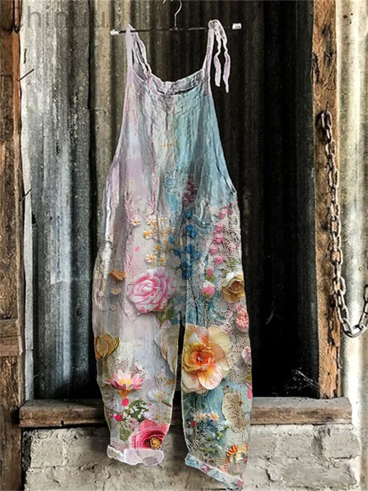 Vintage Floral Print Linen Blend Casual Jumpsuit