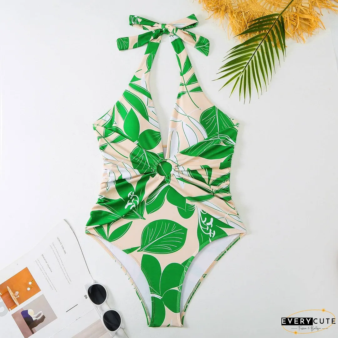 Green Floral One Piece Swimwear with Cover Y166