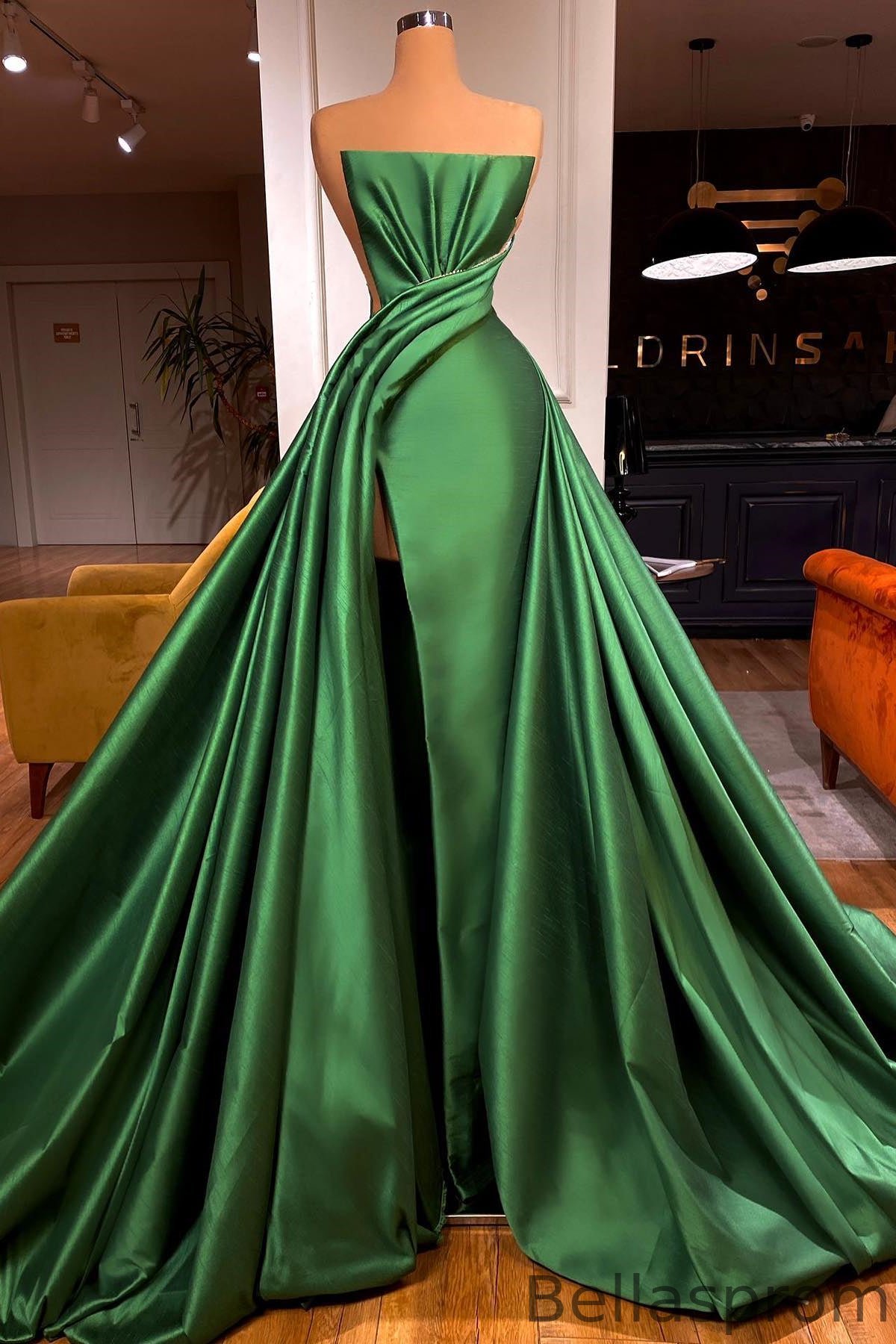 Bellasprom Emerald Green Strapless Sleeveless Prom Dress Beadings With Split Bellasprom