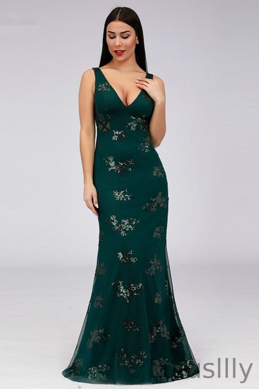 Vintage Green V-Neck Sequins Prom Dress Long Mermaid Evening Party Gowns - lulusllly