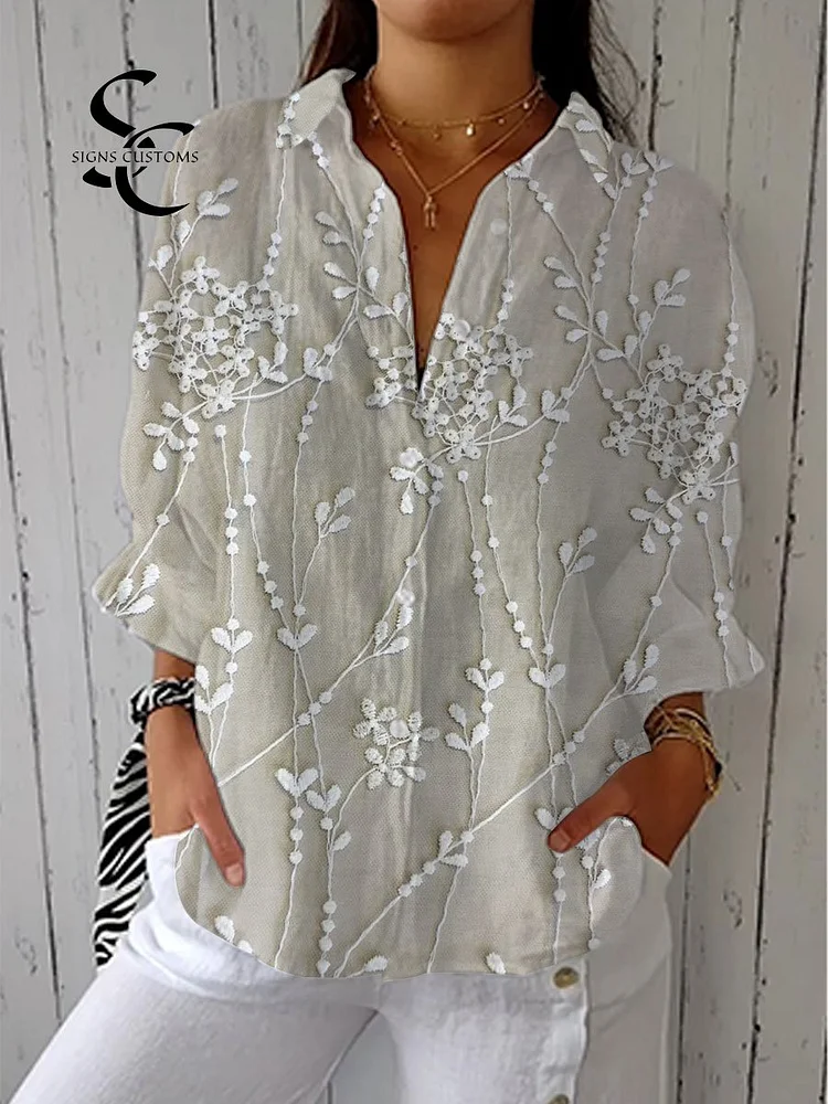 Women's  Vintage Flower Art Print Casual Linen V-neck Shirt