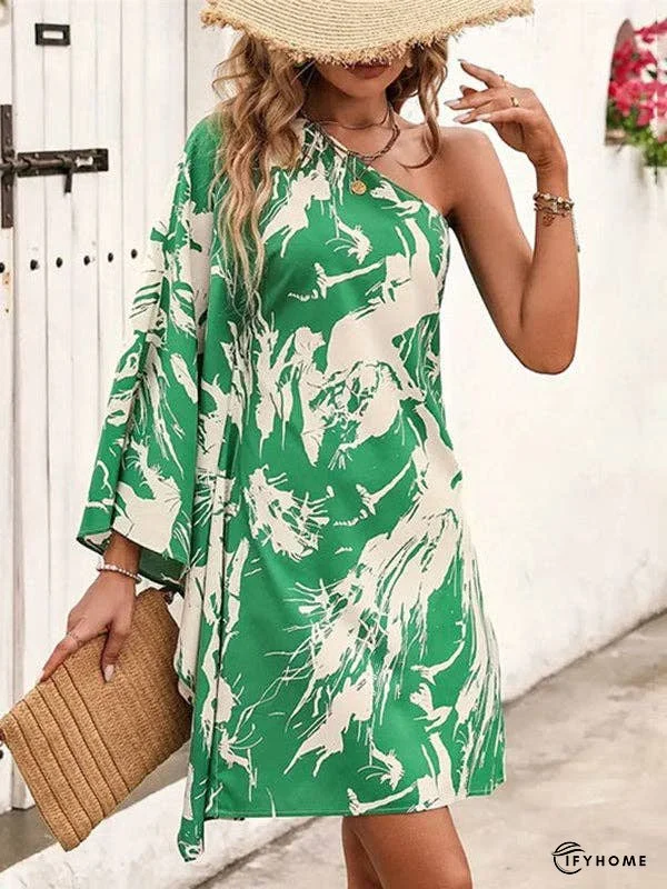 Batwing Sleeves High Waisted Asymmetric Printed One-Shoulder Mini Dresses | IFYHOME