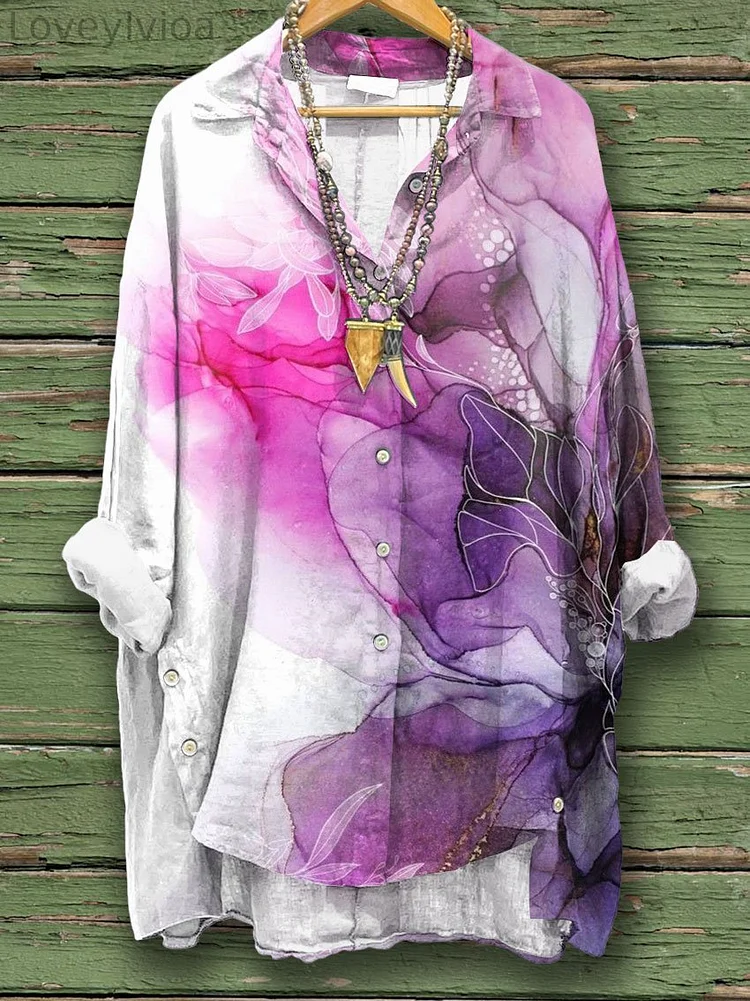 Women's Abstract Art Print Casual Cotton And Linen Shirt