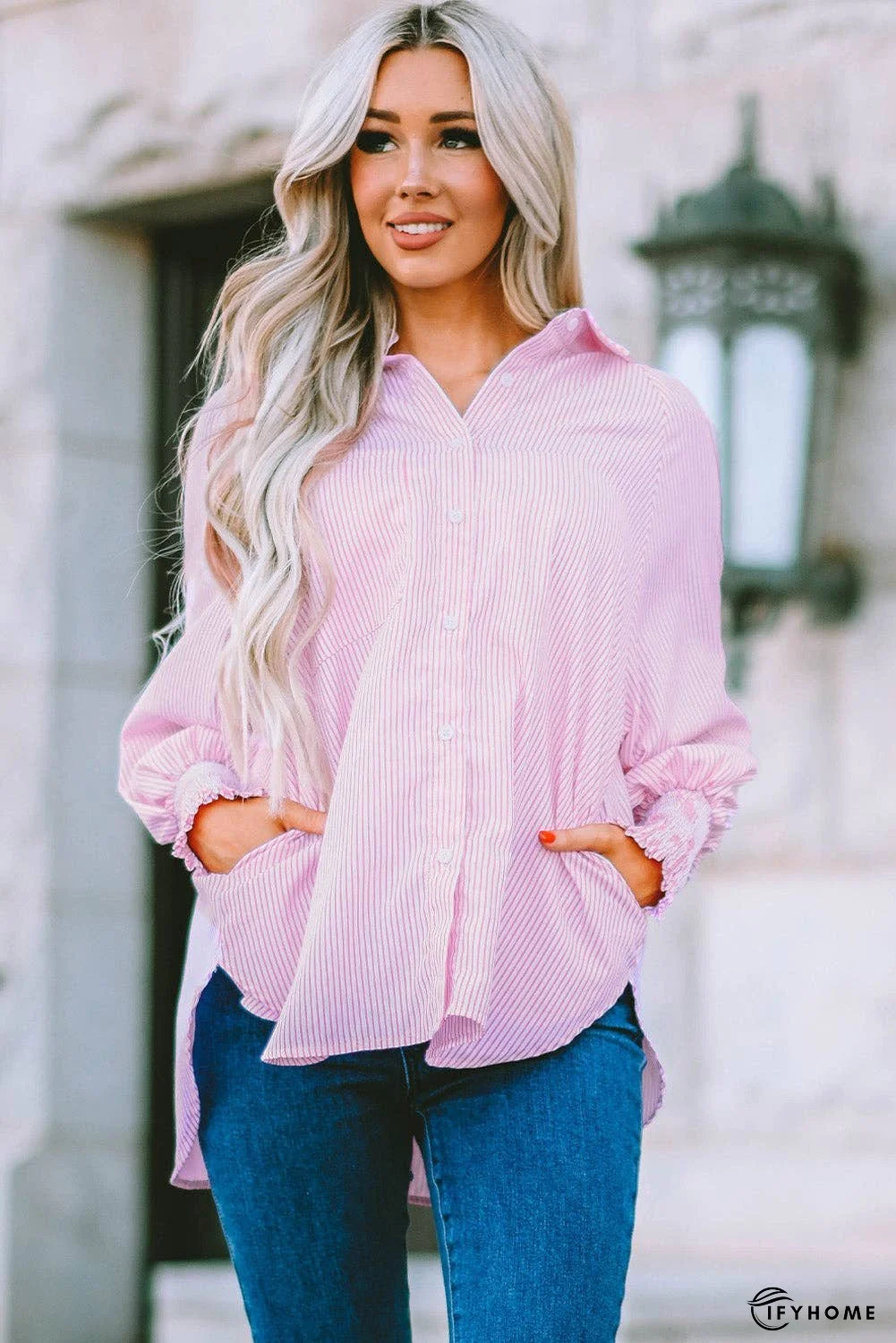 Striped Lantern Sleeve Collared Shirt | IFYHOME